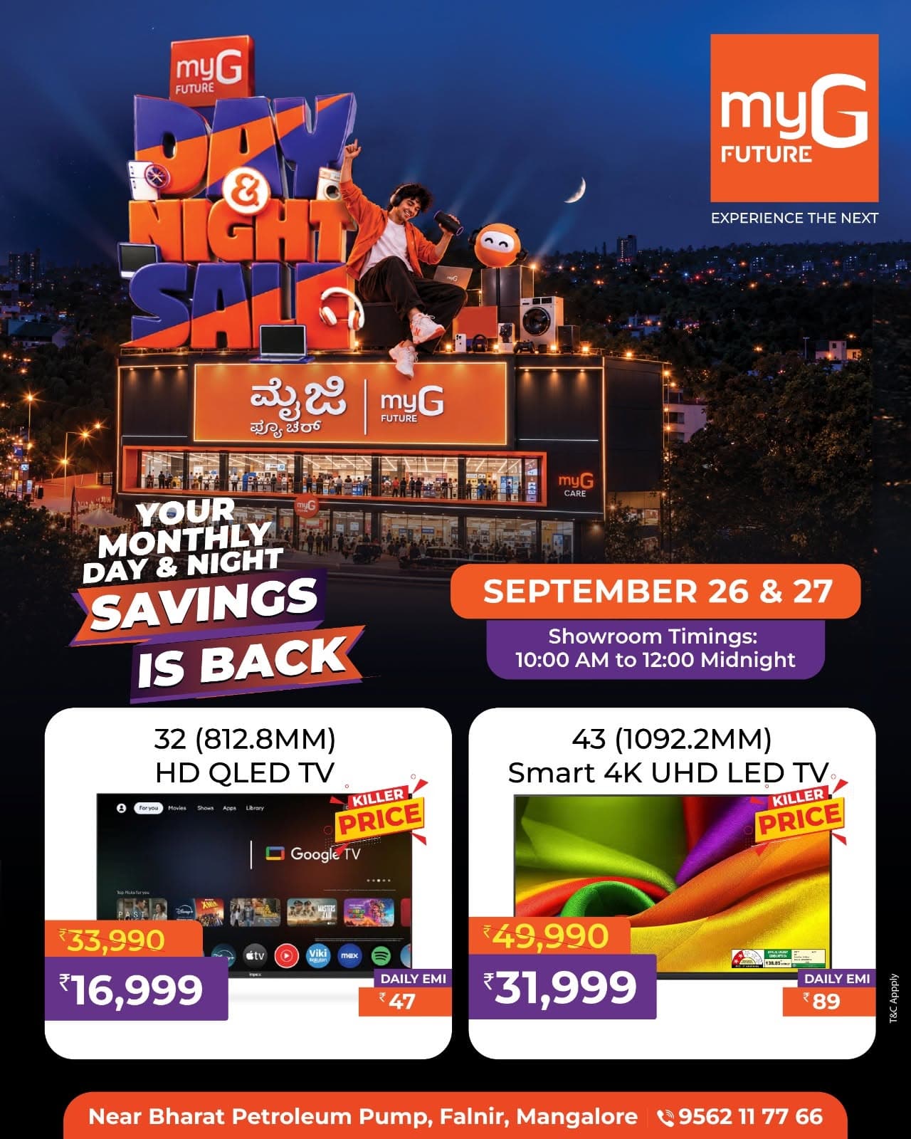 Upgrade your home entertainment with exciting Smart TV offers at the myG Future Day & Night Sale. Explore 32 inch HD QLED TVs and 43 inch Smart 4K UHD LED TVs with special sale discounts and convenient EMI options. Enjoy sharper visuals, smart entertainment features and immersive viewing for movies, sports and streaming. Shop the TV sale on September 26 and 27, from 10:00 AM to 12:00 midnight.