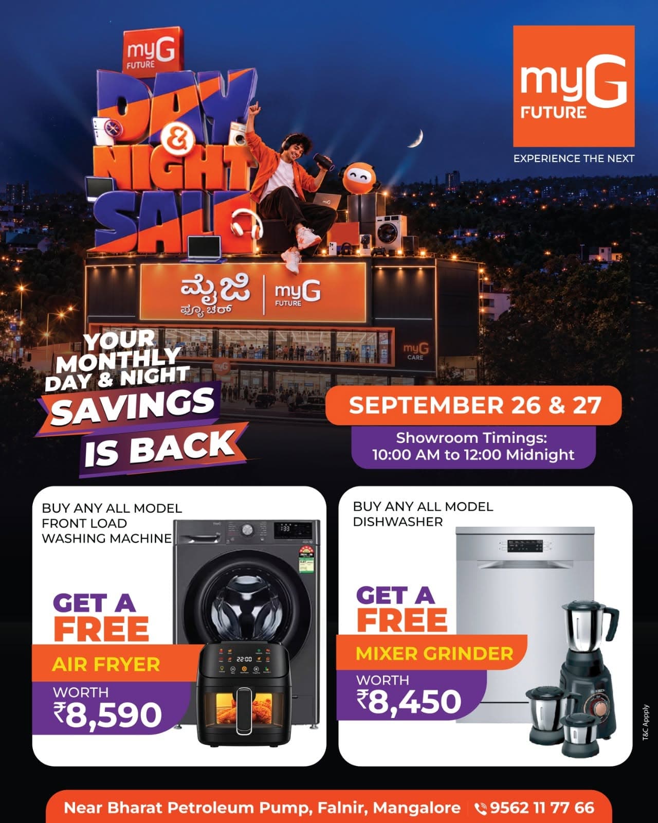 Make everyday household tasks easier with the latest home appliance offers during the myG Future Day and Night Savings Sale. Buy any eligible front load washing machine and get a FREE AIR FRYER worth ₹8,590, or buy any eligible dishwasher and get a FREE MIXER GRINDER worth ₹8,450.
