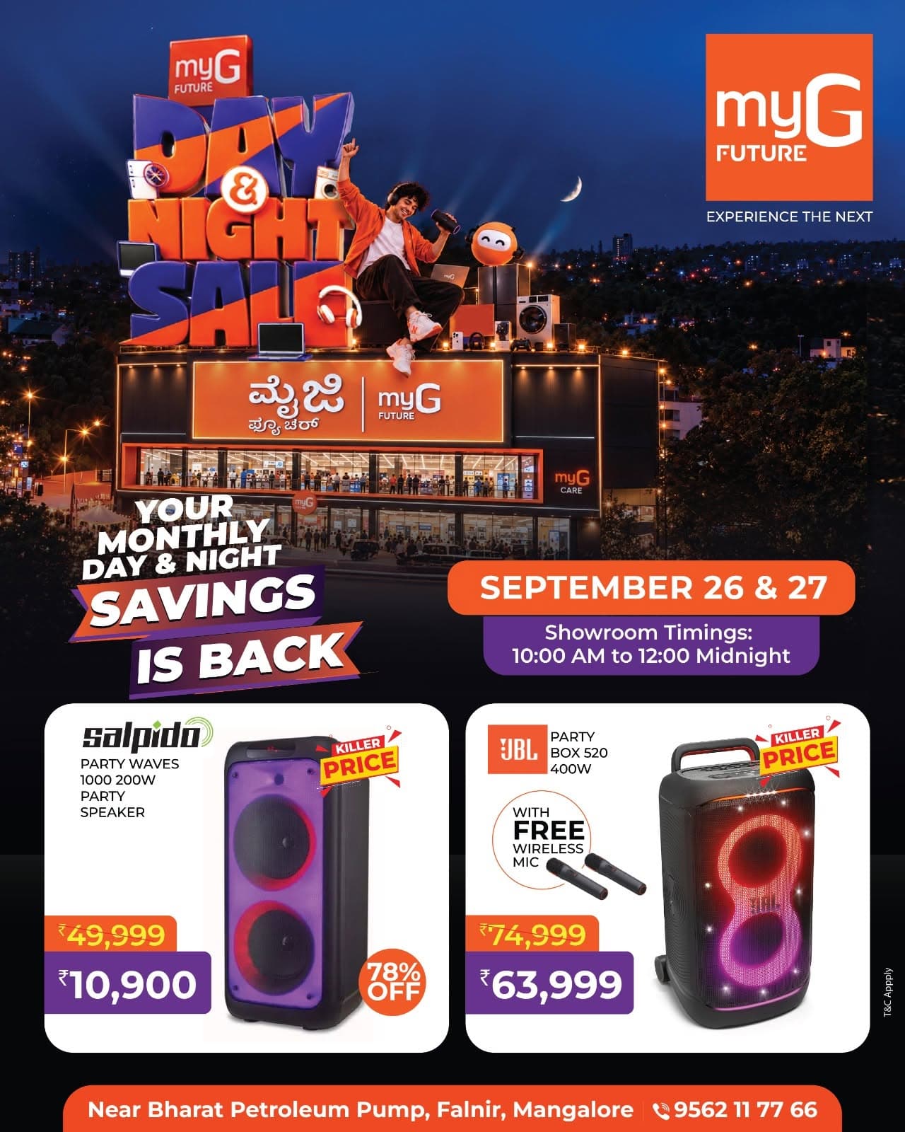 Turn up the entertainment with exciting Party Speaker Offers at the myG Future Day & Night Sale. Explore powerful Bluetooth party speakers, wireless speakers, high wattage speakers and portable audio systems designed for music, parties and home entertainment. Get special limited-time discounts and selected free accessories on party speakers. Grab these electronics offers and speaker deals on September 26 and 27, from 10:00 AM to 12:00 midnight.