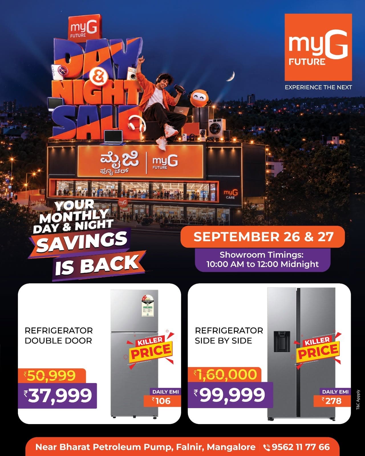 Upgrade your kitchen with exciting Refrigerator Offers at the myG Future Day & Night Sale. Explore double door refrigerators and spacious side by side refrigerators with special limited-time discounts and convenient EMI options on selected models. Find the right refrigerator for everyday freshness, organised storage and modern family needs. Grab these special deals on September 26 and 27, from 10:00 AM to 12:00 midnight.