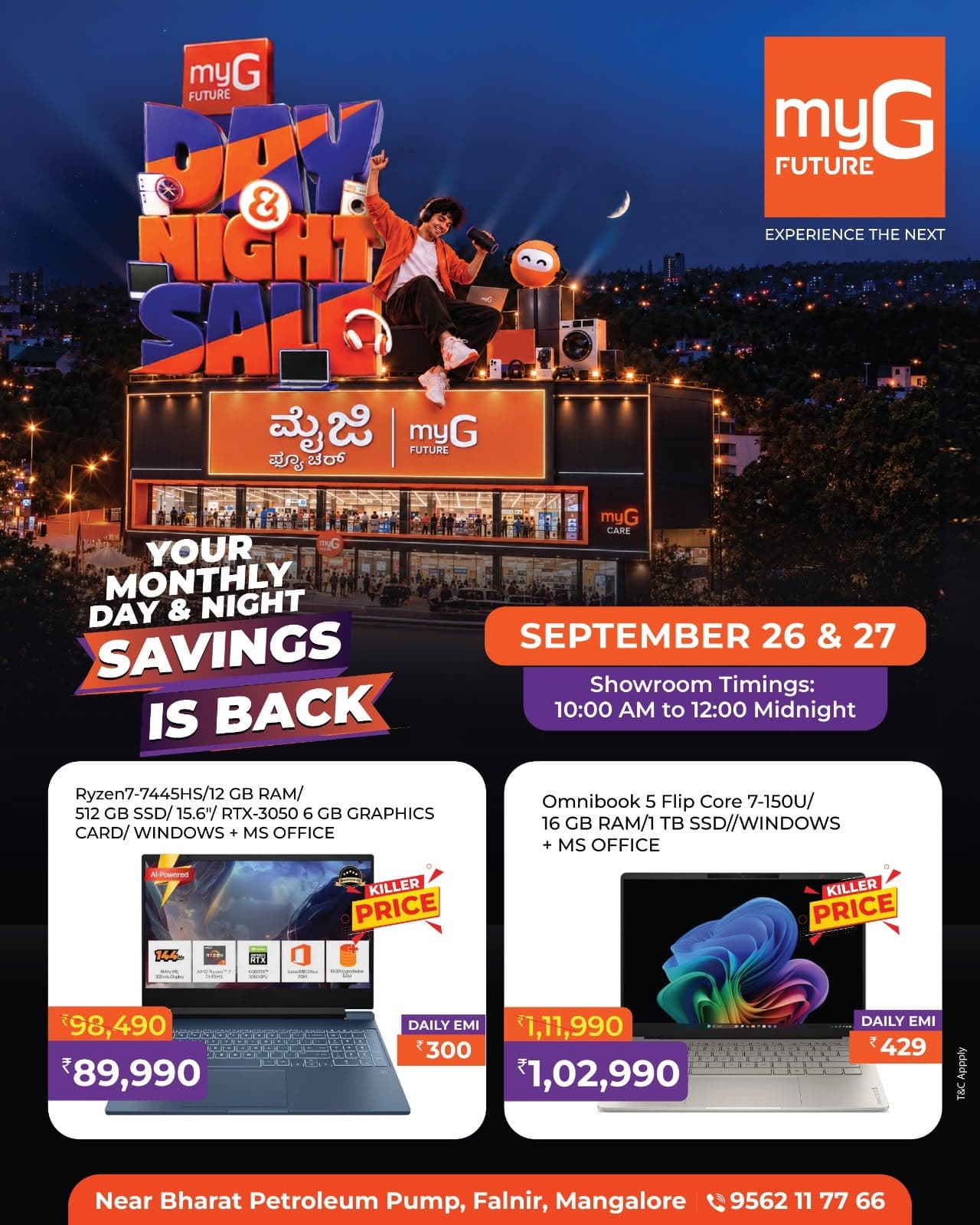 Power up your work, gaming and creativity with exciting Laptop Offers at the myG Future Day & Night Sale. Explore high performance laptops with Ryzen 7 and Intel Core 7 processors, fast SSD storage, powerful graphics and versatile 2 in 1 options. Enjoy special limited-time discounts and convenient EMI options on selected laptops. Grab the deals on September 26 and 27, from 10:00 AM to 12:00 midnight.