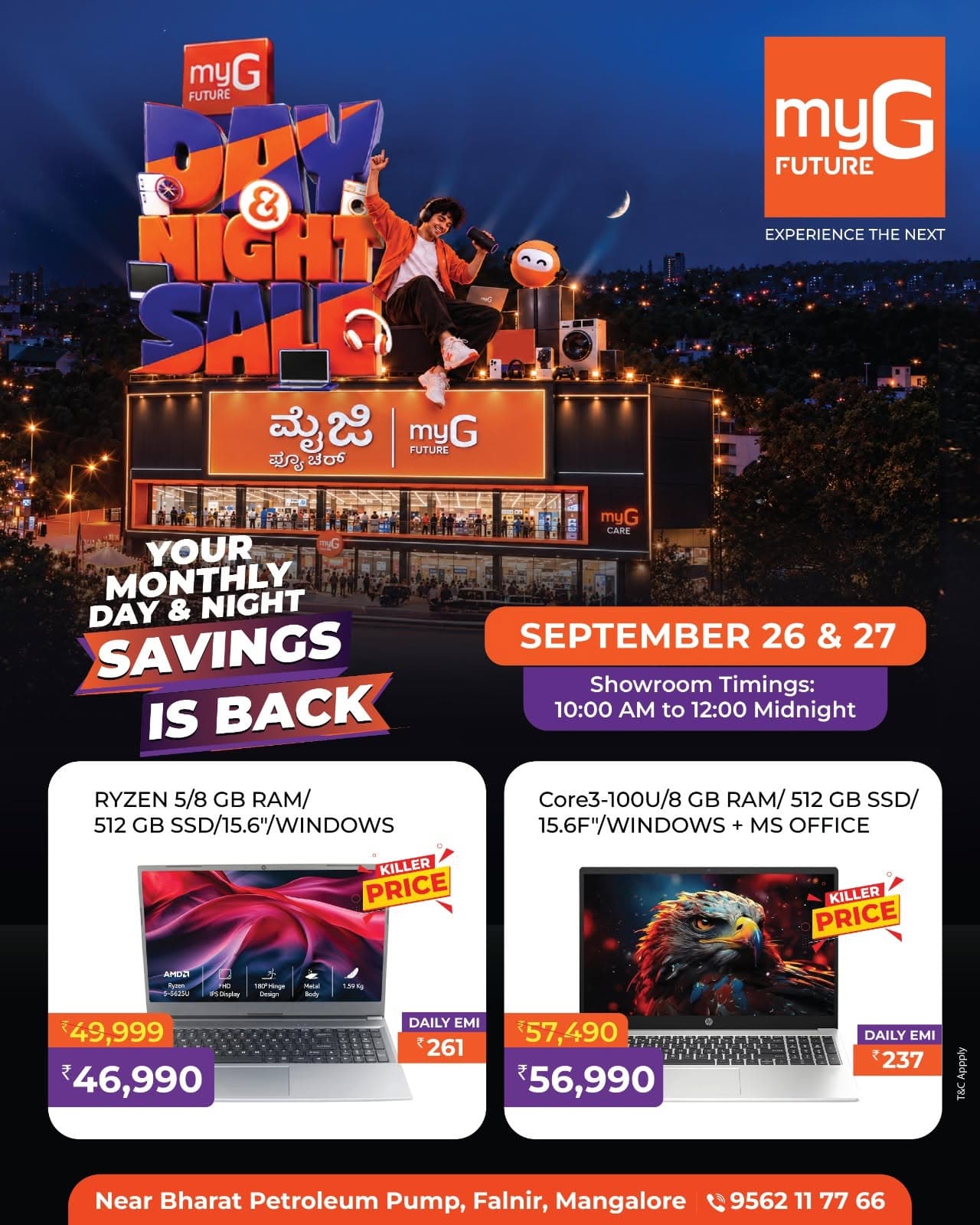 Upgrade your everyday computing with exciting laptop offers at the myG Future Day & Night Sale. Explore Ryzen 5 and Intel Core 3 laptops with 8 GB RAM, 512 GB SSD storage, Windows and selected MS Office options. Ideal for work, study, business and daily use, with special sale savings and convenient EMI options. Available September 26 and 27, from 10:00 AM to 12:00 midnight.