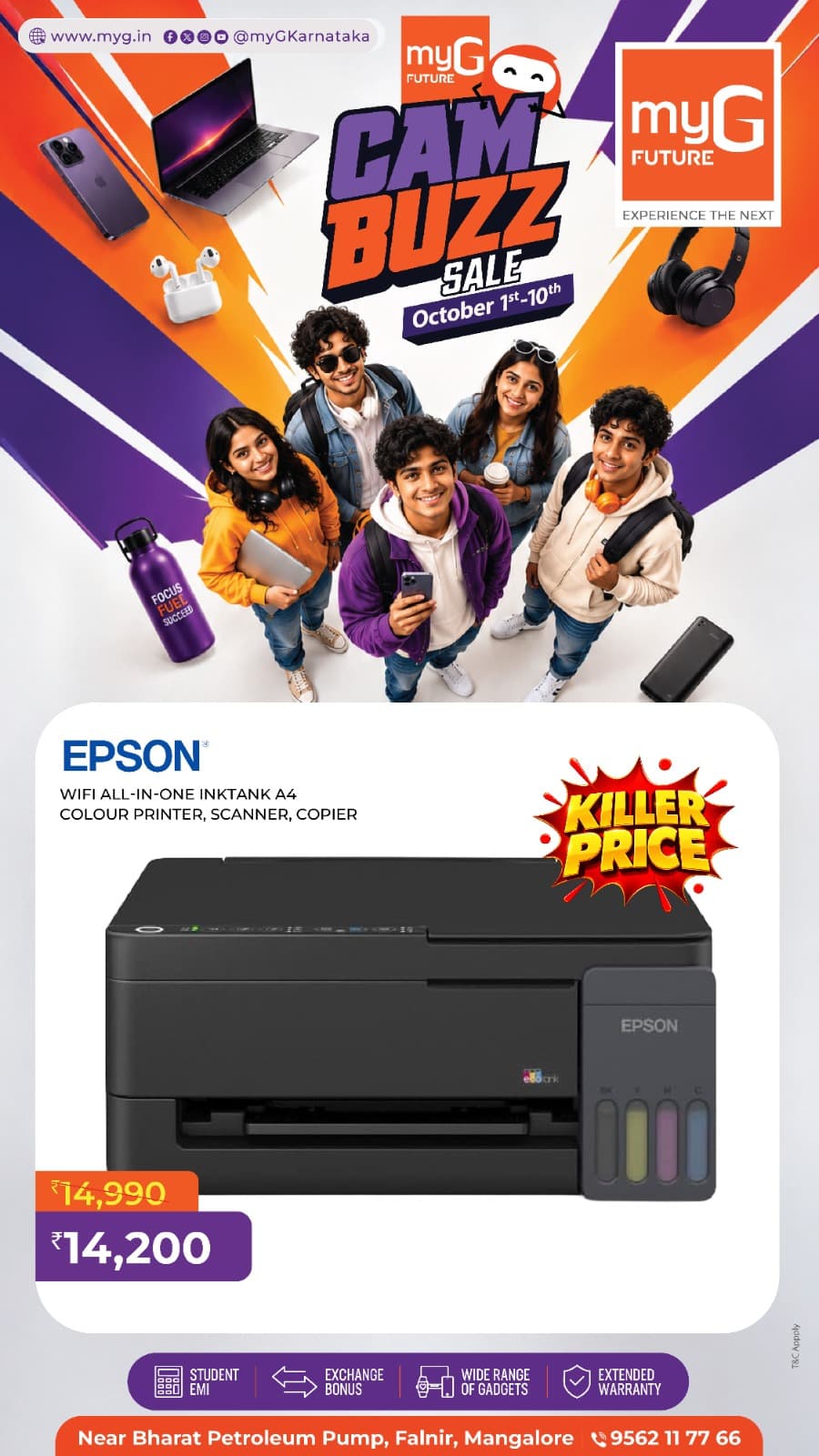 Discover Epson printer offers at the myG Future Campus Buzz Sale in Mangaluru from October 1st–10th. Explore the Epson WiFi All-in-One Ink Tank A4 colour printer designed for printing, scanning and copying in one convenient device. A practical choice for students, home offices, assignments, projects and everyday document printing. Shop printers and other essential gadgets at myG Future Mangaluru with student EMI, exchange benefits and extended warranty options available during the Campus Buzz Sale.