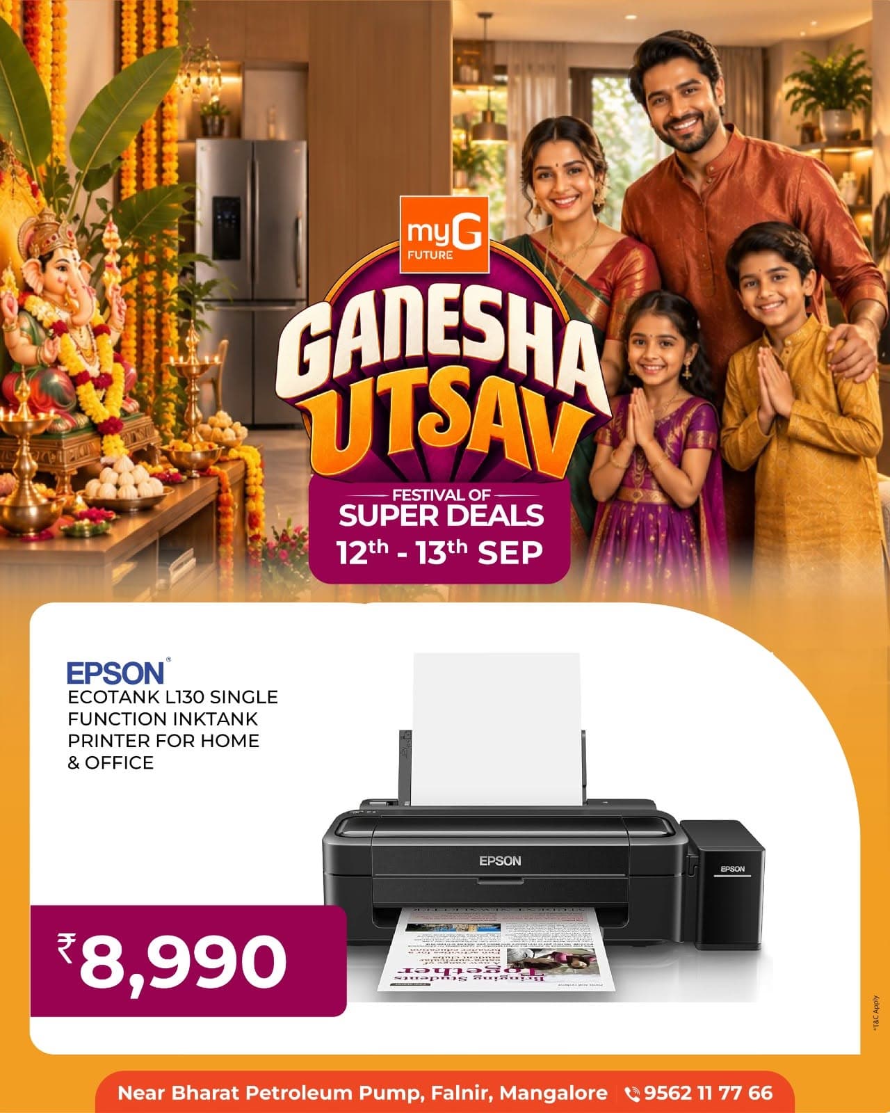 Make your printing needs easier with an exciting Ganesha Utsav Super Deal at myG.

Epson EcoTank L130 Single Function Ink Tank Printer at just ₹8,990

Perfect for everyday printing needs at home and office with convenient ink tank printing.

Make the most of the Ganesha Utsav Festival of Super Deals and bring home your Epson Printer at an amazing price.

Ganesha Utsav Festival of Super Deals

Offer valid on 12th and 13th September.

T&C Apply.