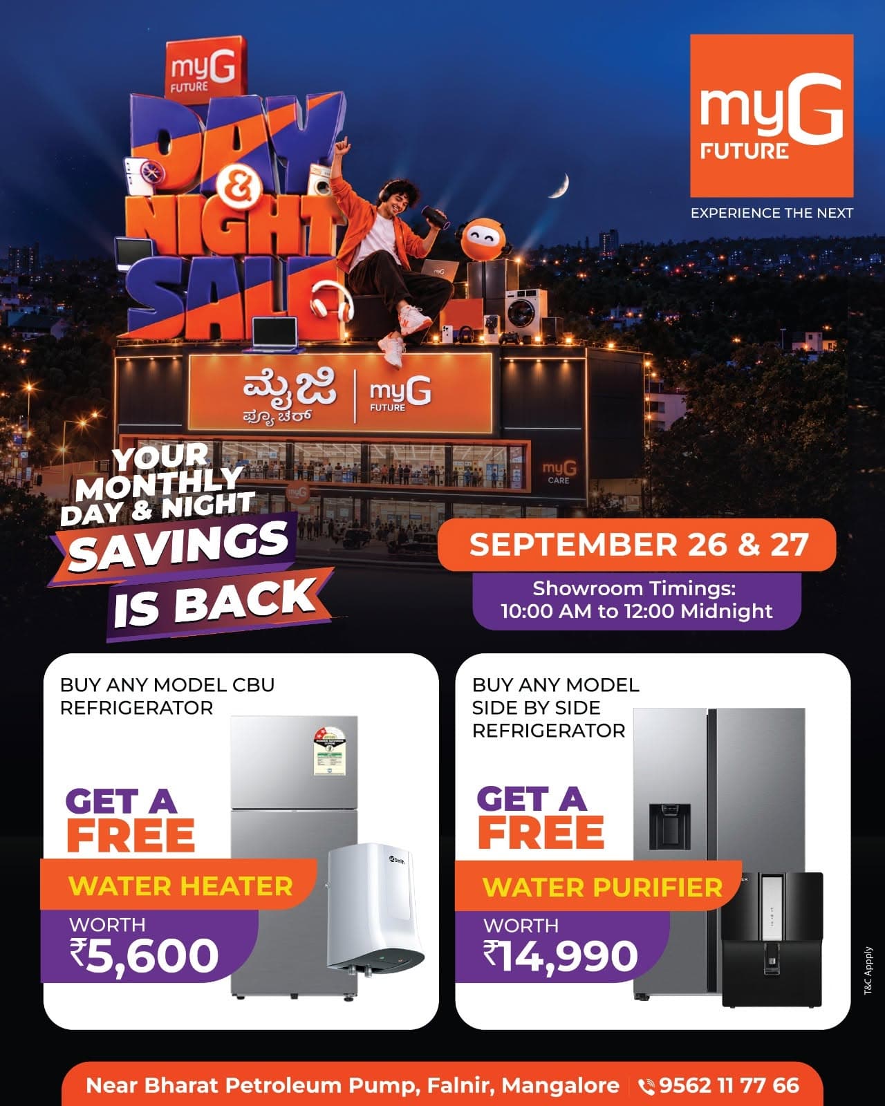 Get more value from your refrigerator upgrade with special Refrigerator Offers at the myG Future Day & Night Sale. Buy any CBU refrigerator and get a free water heater, or buy any side by side refrigerator and get a free water purifier. Upgrade your kitchen while taking home a valuable appliance at no extra cost. Offers are available on September 26 and 27, from 10:00 AM to 12:00 midnight.