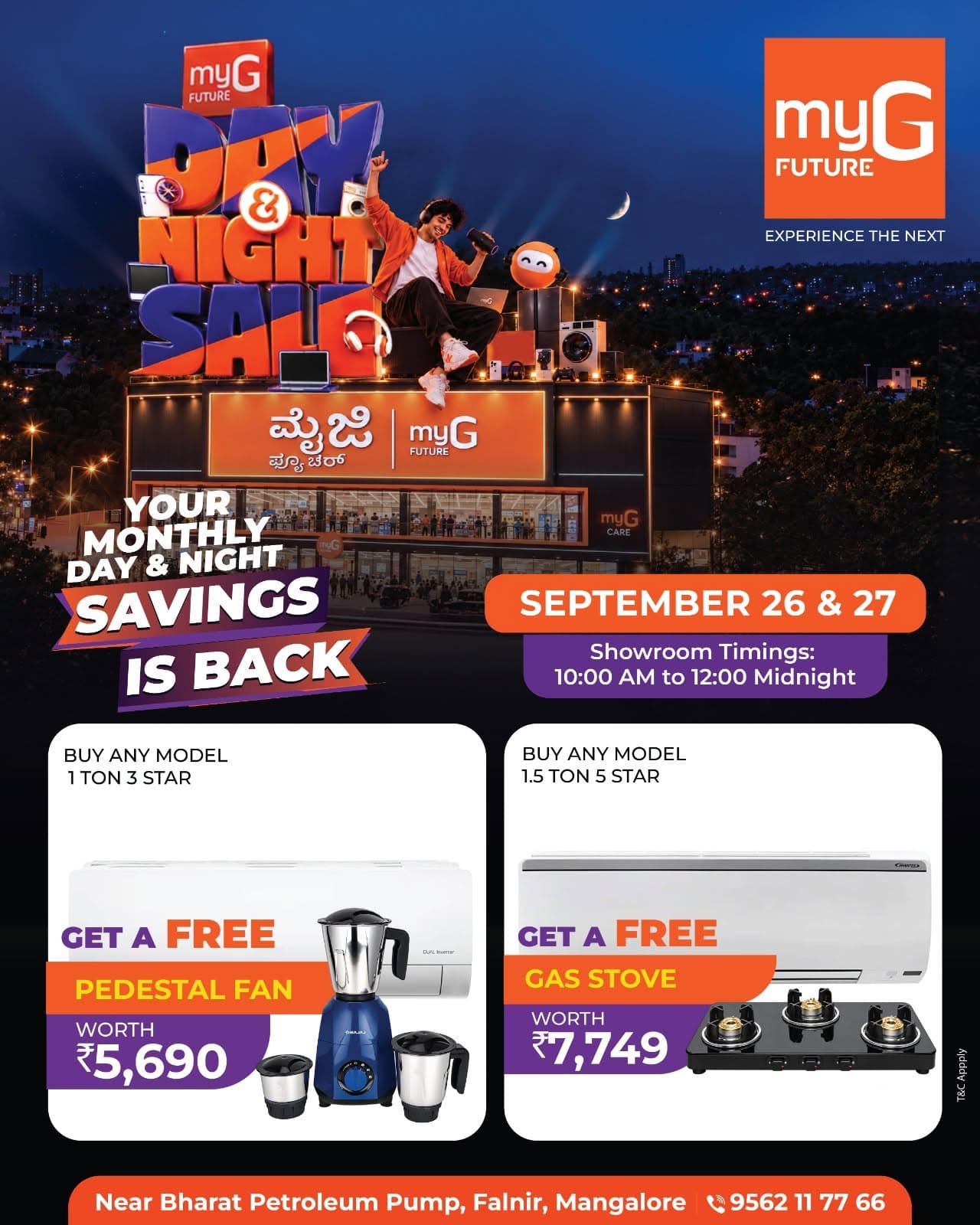 The myG Future Day & Night Sale brings exciting AC deals with useful free gifts. Buy any 1 Ton 3 Star AC and get a free pedestal fan, or buy any 1.5 Ton 5 Star AC and get a free gas stove. It’s the perfect opportunity to upgrade your home cooling while getting extra value with your purchase. Offers are available on September 26 and 27, from 10:00 AM to 12:00 midnight.