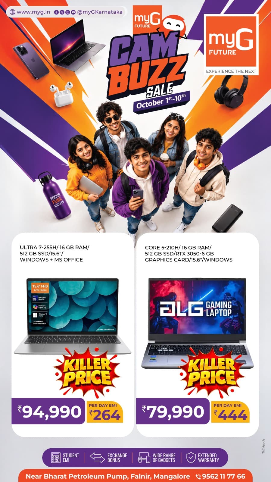 Discover Intel Core Ultra 7 and gaming laptop offers during the myG Future Campus Buzz Sale in Mangaluru. Explore laptops with 16GB RAM, 512GB SSD, Windows, MS Office and dedicated graphics options designed for students, gamers, creators and professionals. Offer valid October 1st–10th.