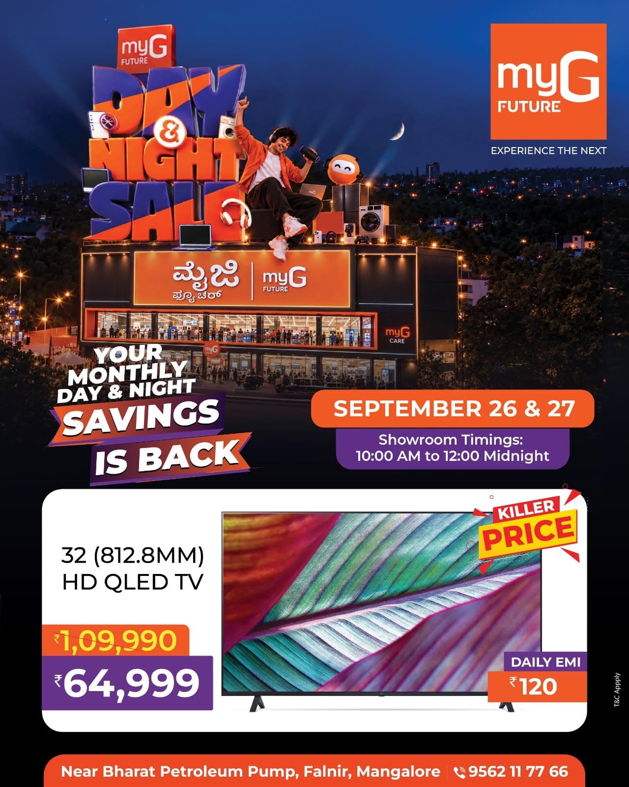 Upgrade your home entertainment with the latest QLED TV OFFER during the myG Future Day and Night Savings Sale. Explore a 32 inch HD QLED TV designed for sharp picture quality, vibrant colours and an immersive everyday viewing experience. Customers searching for QLED TV offers in Mangalore, Smart TV deals, LED TV offers, television discounts, electronics offers and home entertainment deals can explore special savings during this limited-time sale.