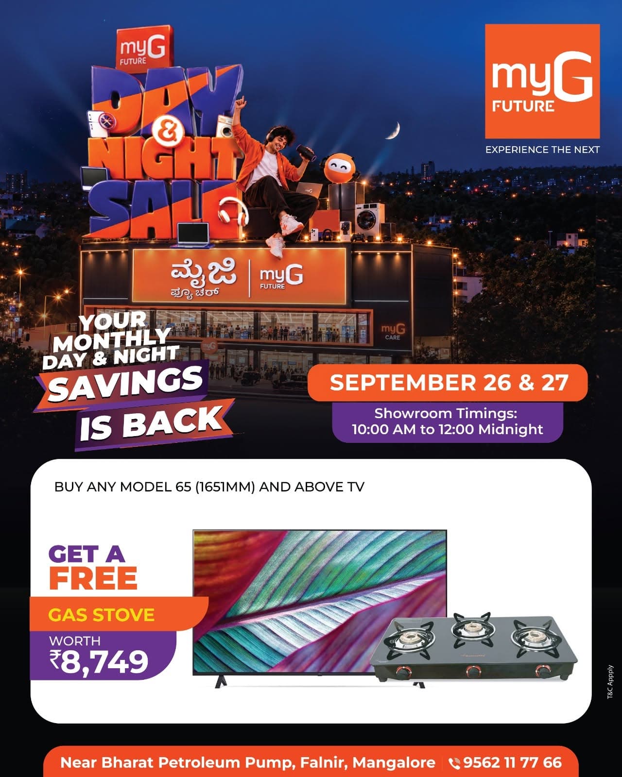 Upgrade your home entertainment with the latest 65 inch and above Smart TV offers during the myG Future Day and Night Savings Sale. Buy any eligible 65 inch and above TV and GET A FREE GAS STOVE worth ₹8,749. It is a great opportunity for customers searching for Smart TV offers, 4K TV deals, LED TV offers, large screen TV deals and electronics offers in Mangalore.