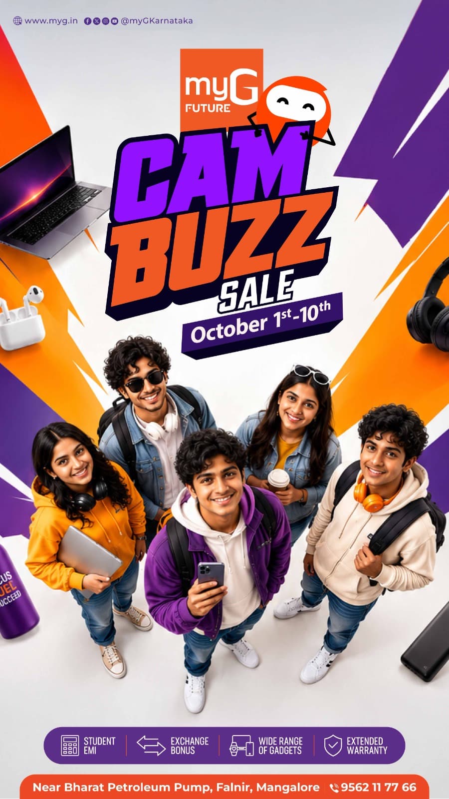 Explore the Campus Buzz Sale at myG Future Mangaluru from October 1st–10th. Find offers on laptops, tablets, printers, earphones, headphones, chargers, power banks and other gadgets, with student EMI, exchange benefits and extended warranty options.