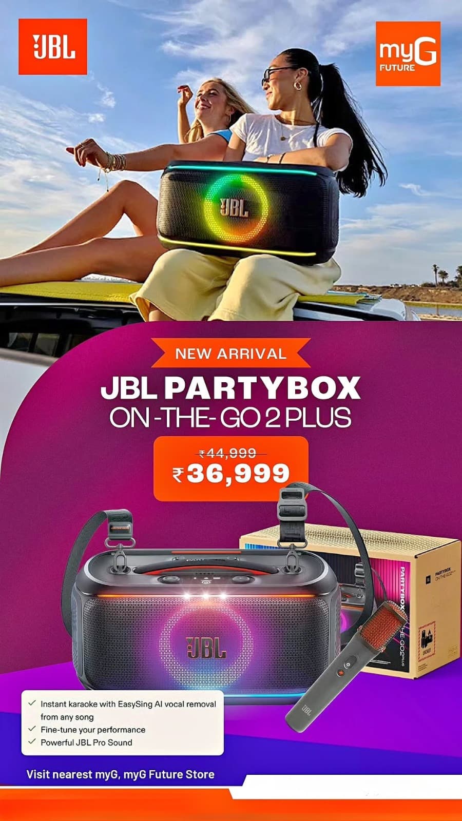 Meet the new JBL PartyBox On-The-Go 2 Plus, delivering powerful JBL Pro Sound with vibrant lighting for an exciting entertainment experience. Enjoy instant karaoke with EasySing vocal removal and fine-tune your performance to make every song sound better.

Its portable design makes it ideal for house parties, outdoor gatherings, celebrations and travel. Sing your favourites, share the microphone and keep the music playing wherever the moment takes you.

Now available for ₹36,999.

T&C APPLY
