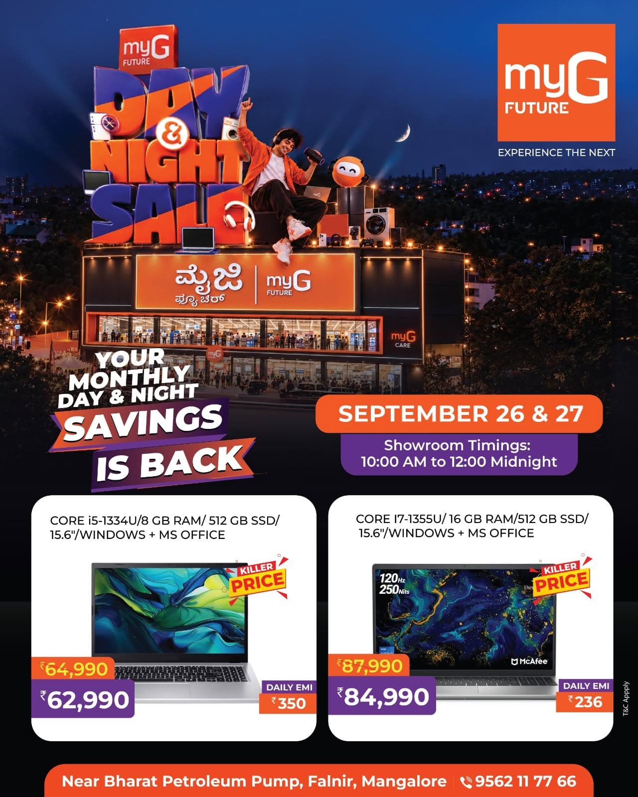 The myG Future Day & Night Sale brings exciting laptop deals for work, study, business and everyday use. Choose from powerful Intel Core i5 and Core i7 laptops with fast SSD storage, ample RAM, Windows and MS Office options. Get special sale savings and convenient EMI options on selected laptops. Available September 26 and 27, from 10:00 AM to 12:00 midnight.