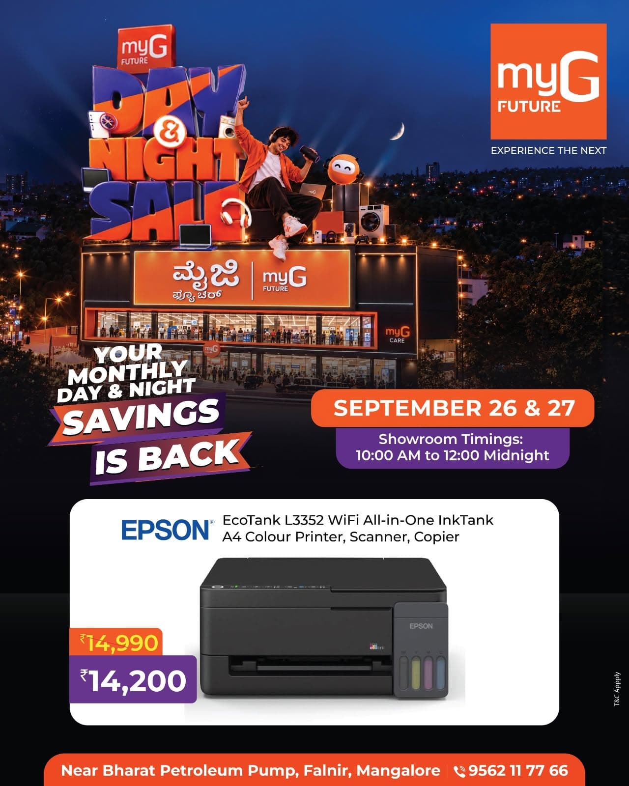 Make everyday printing easier with a WiFi all in one colour ink tank printer featuring printing, scanning and copying in one convenient device. Ideal for home, office, students and small businesses looking for efficient everyday printing. Get a special Day and Night Sale deal on this versatile printer on September 26 and 27, with showroom timings from 10:00 AM to 12:00 midnight.