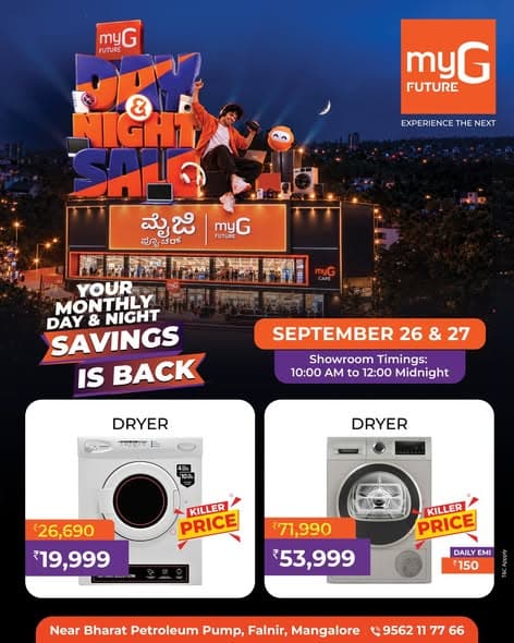Upgrade your laundry setup with exciting Dryer Offers at the myG Future Day & Night Sale. Explore efficient clothes dryers designed to make everyday laundry faster and more convenient, with special limited-time discounts and easy EMI options on selected models. A smart addition for quicker drying in every season. Grab the offer on September 26 and 27, from 10:00 AM to 12:00 midnight.