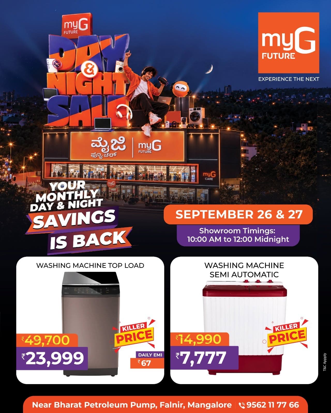 Upgrade your laundry routine with exciting washing machine offers at the myG Future Day & Night Sale. Explore top load washing machines and semi automatic washing machines with special sale discounts and easy EMI options on selected models. Find practical choices for everyday laundry, family use and efficient clothes washing. Grab these limited-time washing machine deals on September 26 and 27, from 10:00 AM to 12:00 midnight.