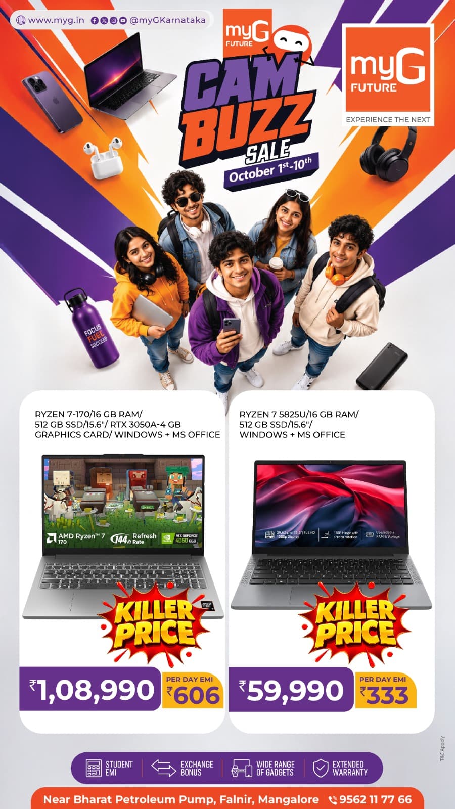 Upgrade with AMD Ryzen 7 laptop offers at myG Future Mangaluru. Explore powerful Ryzen 7 laptops with 16GB RAM, 512GB SSD, Windows, MS Office and dedicated graphics options for gaming, college, creative work and everyday productivity. Campus Buzz Sale runs from October 1st–10th.