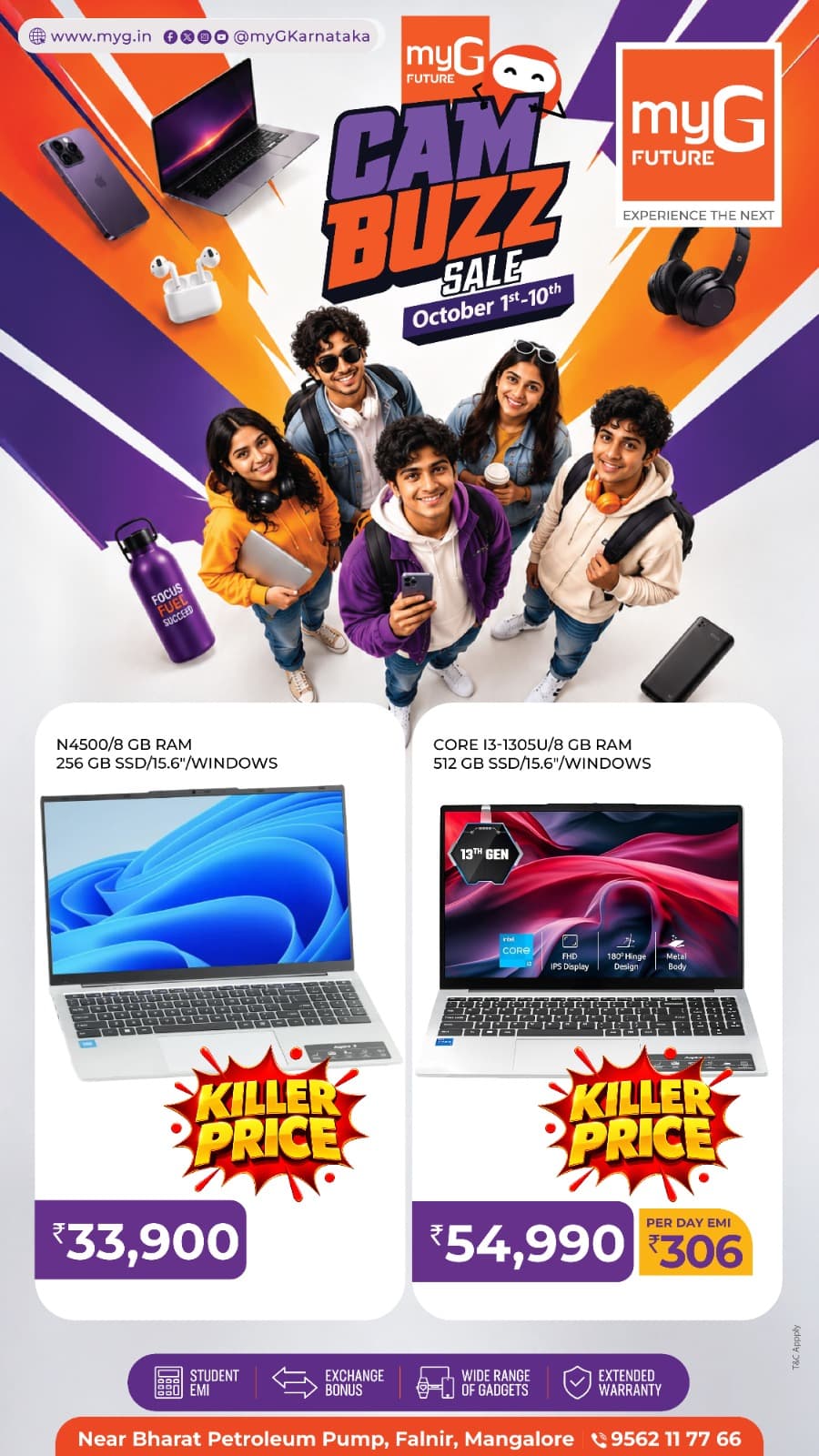 Shop Intel N4500 and 13th Gen Intel Core i3 laptop offers at myG Future Mangaluru. Explore laptops with SSD storage, Windows, Full HD displays and practical performance for students, online classes, projects, office work and everyday use. Campus Buzz Sale offers are available from October 1st–10th.