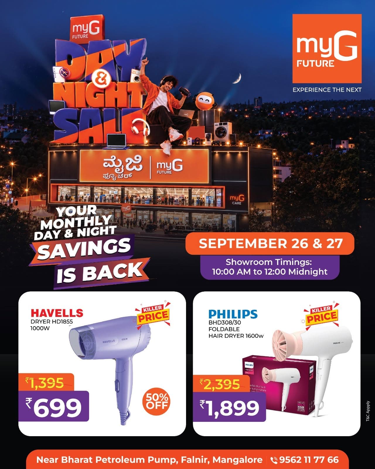 Upgrade your everyday hair care routine with exciting Hair Dryer Offers at the myG Future Day & Night Sale. Explore compact and foldable hair dryers with powerful drying performance, convenient designs and special limited-time discounts on selected models. Perfect for daily styling, quick drying and travel. Grab these special hair dryer deals on September 26 and 27, from 10:00 AM to 12:00 midnight.