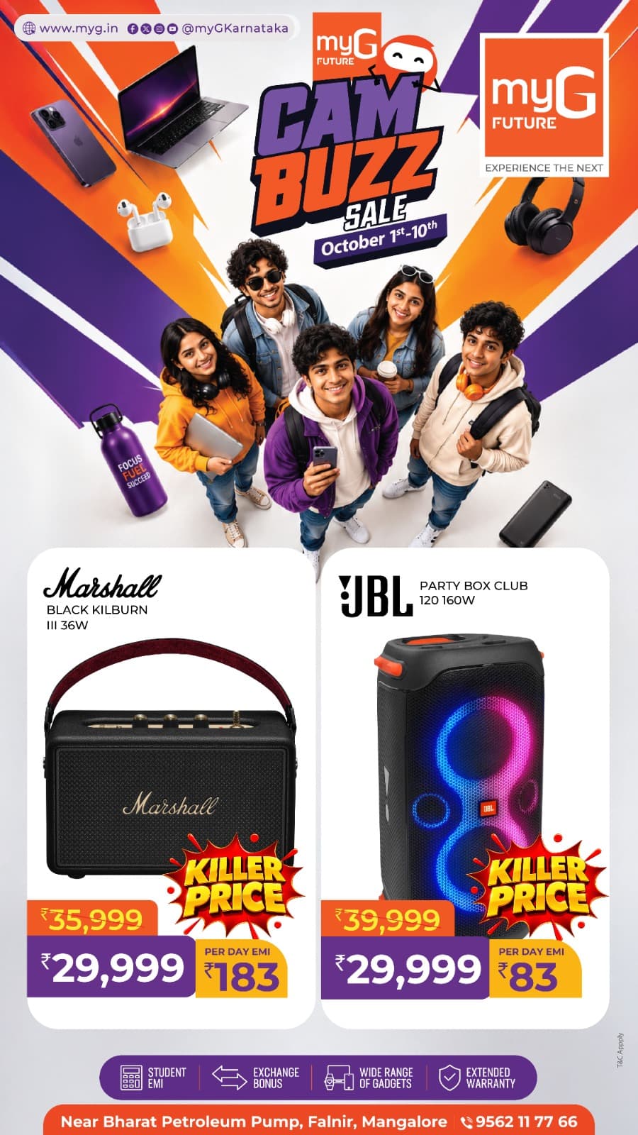 Turn up the sound during the myG Future Campus Buzz Sale in Mangaluru. Explore premium portable audio with the Marshall Kilburn III 36W speaker and powerful party entertainment with the JBL PartyBox Club 120 160W speaker. Whether you need music for your room, campus gatherings, travel or parties, discover Bluetooth speakers and premium audio products from Marshall, JBL and other leading brands. Visit myG Future Mangaluru from October 1st–10th for Campus Buzz Sale offers, EMI options and more gadget deals.