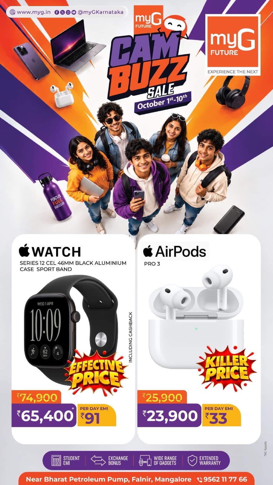 Discover Apple wearable and audio offers during the myG Future Campus Buzz Sale in Mangaluru from October 1st–10th. Explore the Apple Watch Series 12 46mm with Black Aluminium Case and Sport Band, along with Apple AirPods Pro 3. Upgrade your everyday setup with a smartwatch for connected convenience and AirPods for wireless listening, calls and entertainment. Explore Apple Watch, AirPods, iPhone accessories, smartwatches, TWS earbuds and other premium gadgets at myG Future Mangaluru, with EMI and eligible purchase benefits available.