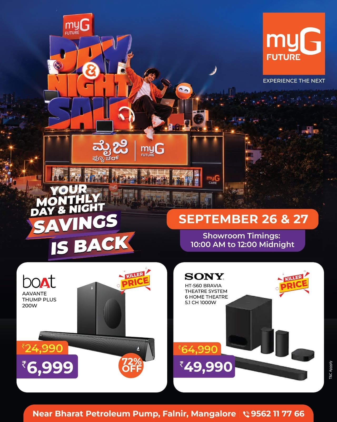 Transform your entertainment setup with exciting Home Theatre Offers at the myG Future Day & Night Sale. Explore powerful soundbars, subwoofers and 5.1 channel home theatre systems designed for immersive movies, music and entertainment. Get special limited-time savings on selected home audio systems. Grab the offers on September 26 and 27, from 10:00 AM to 12:00 midnight.